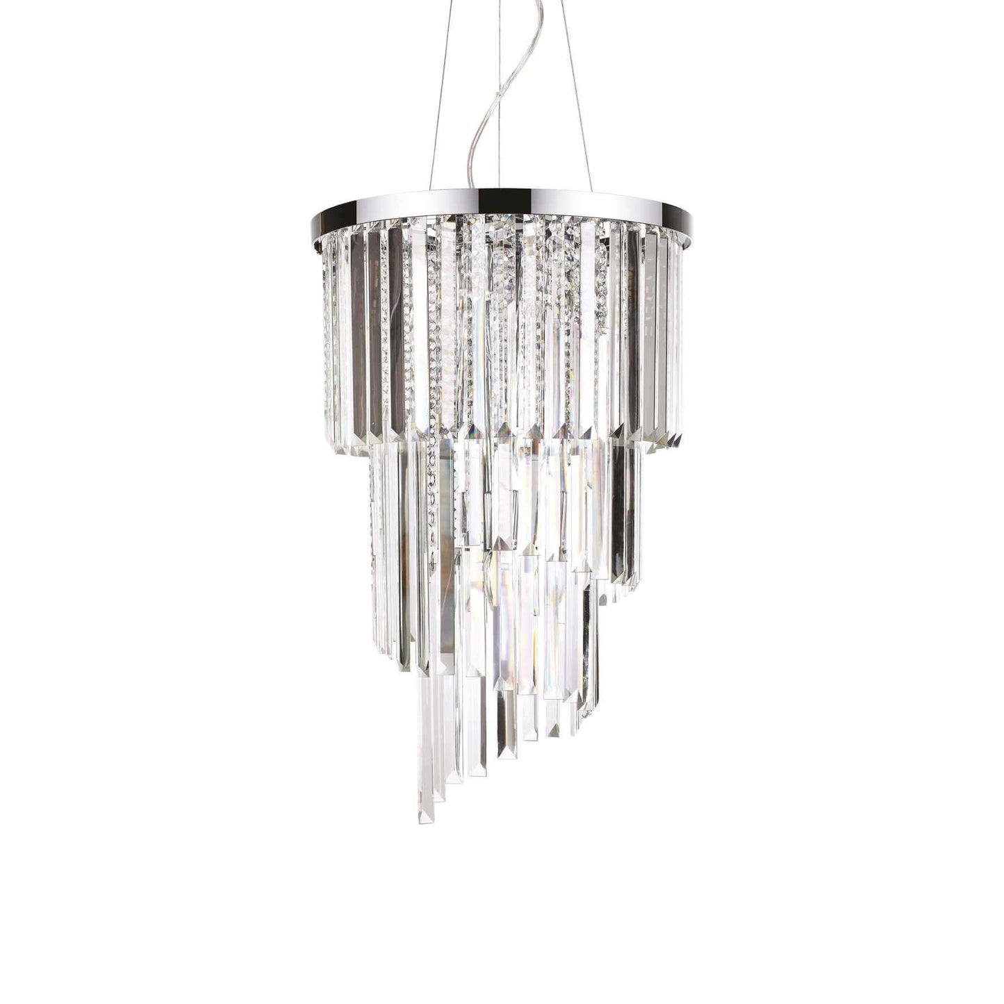 Chrome and clear crystal waterfall chandelier with spiral tiers and long rectangle cut crystals
