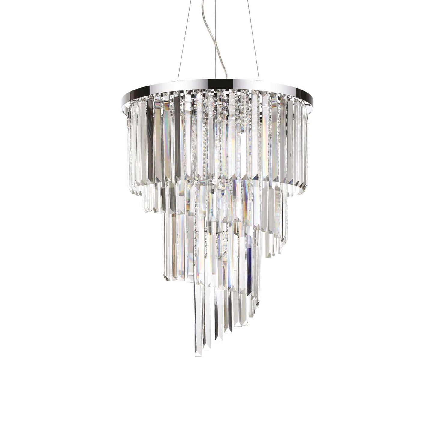 Chrome and clear crystal waterfall chandelier with spiral tiers and long rectangle cut crystals