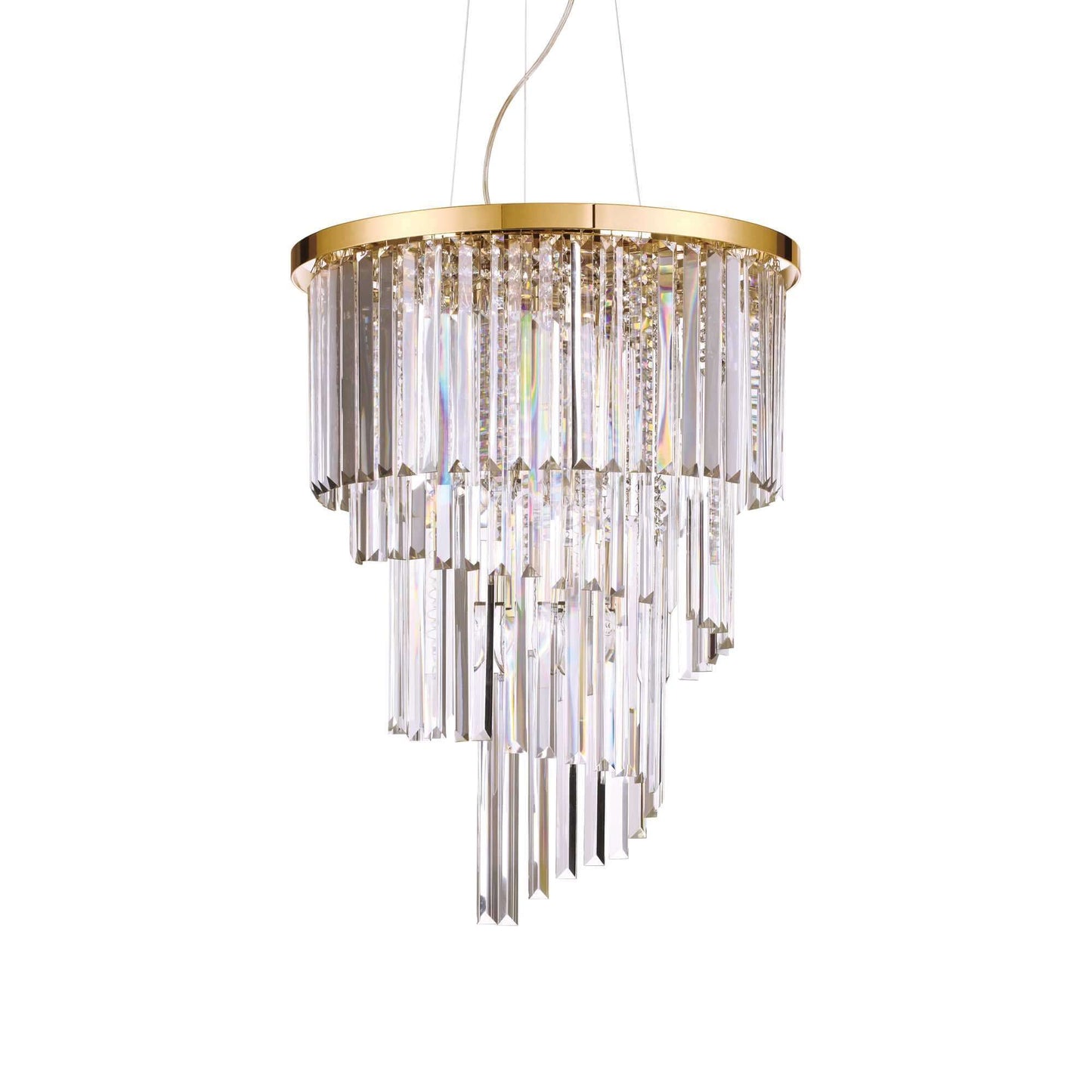 Golden and clear crystal waterfall chandelier with spiral tiers and long rectangle cut crystals