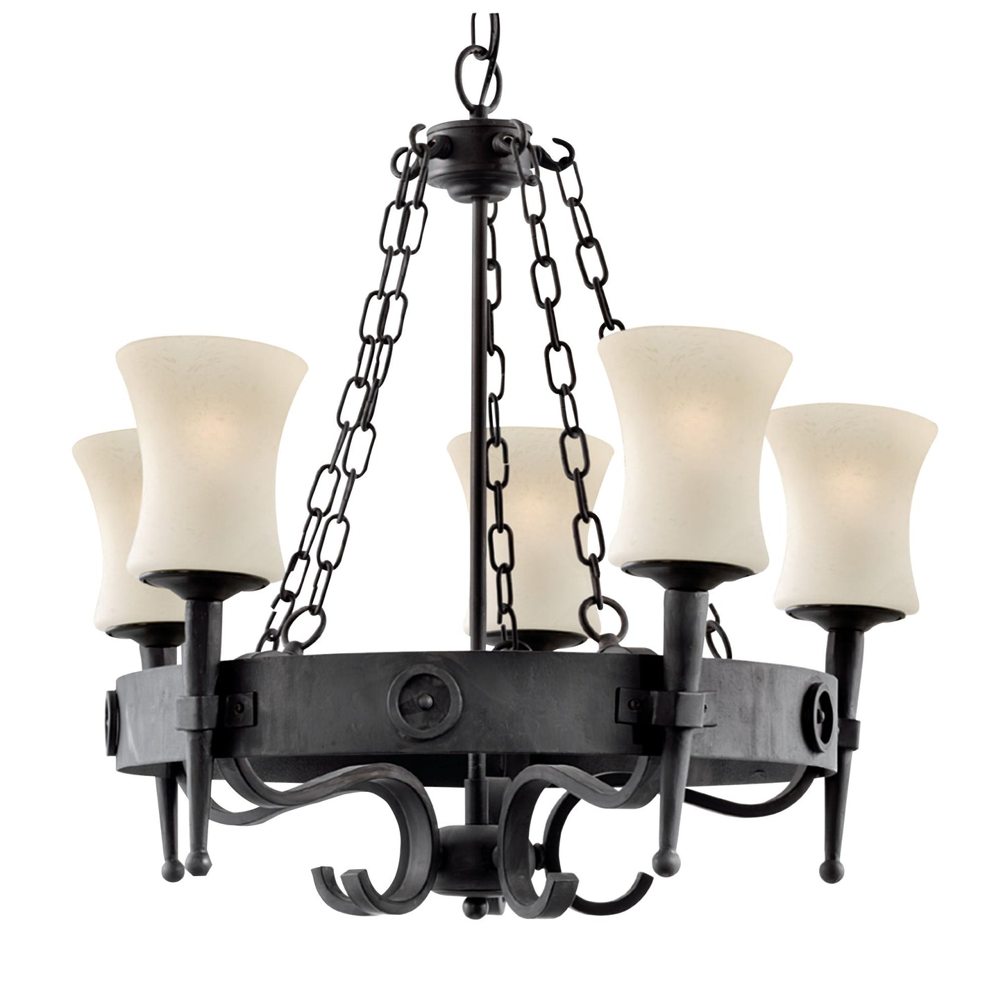 Cartwheel 5 Light Pendant - Black Iron & Sanded Glass