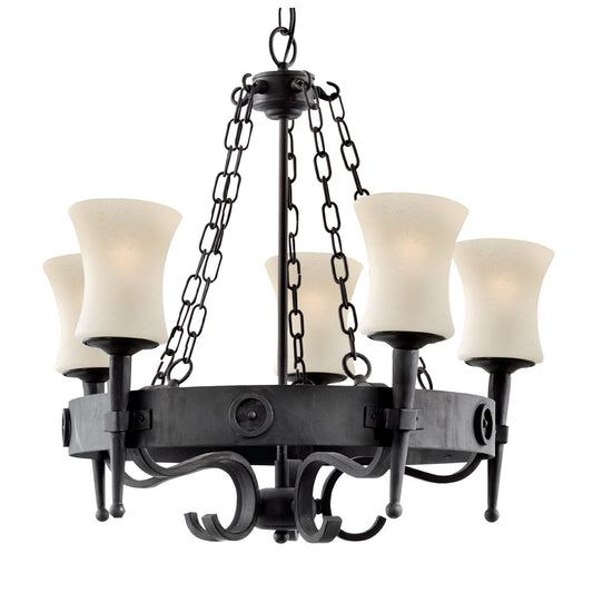Cartwheel 5 Light Pendant - Black Iron & Sanded Glass