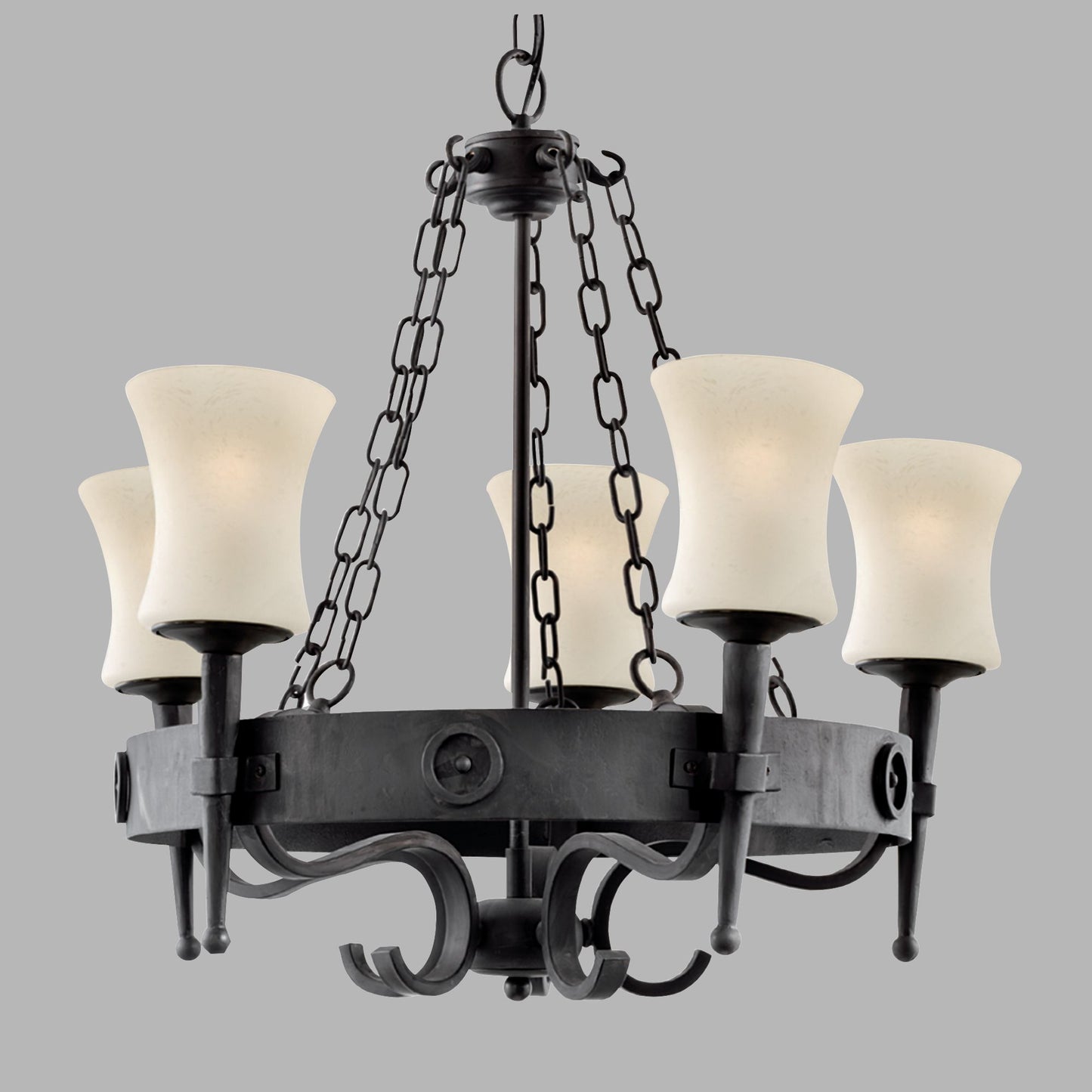 Cartwheel 5 Light Pendant - Black Iron & Sanded Glass
