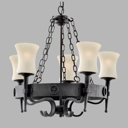 Cartwheel 5 Light Pendant - Black Iron & Sanded Glass