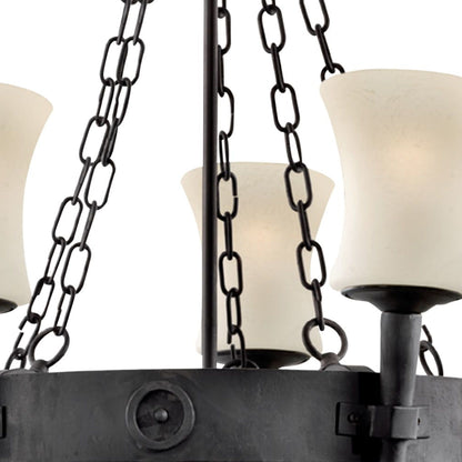 Cartwheel 5 Light Pendant - Black Iron & Sanded Glass
