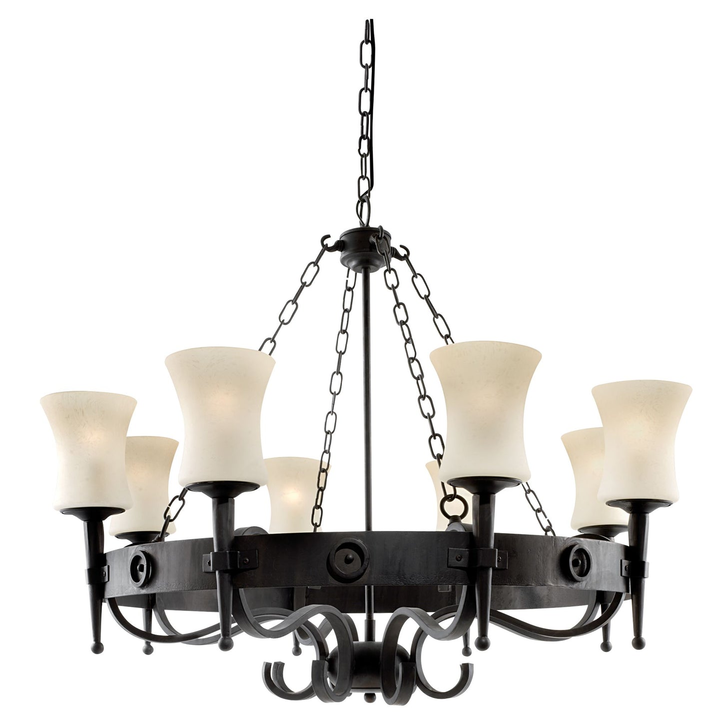 Cartwheel 8 Light Pendant - Black Iron & Sanded Glass