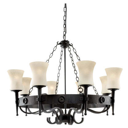 Cartwheel 8 Light Pendant - Black Iron & Sanded Glass