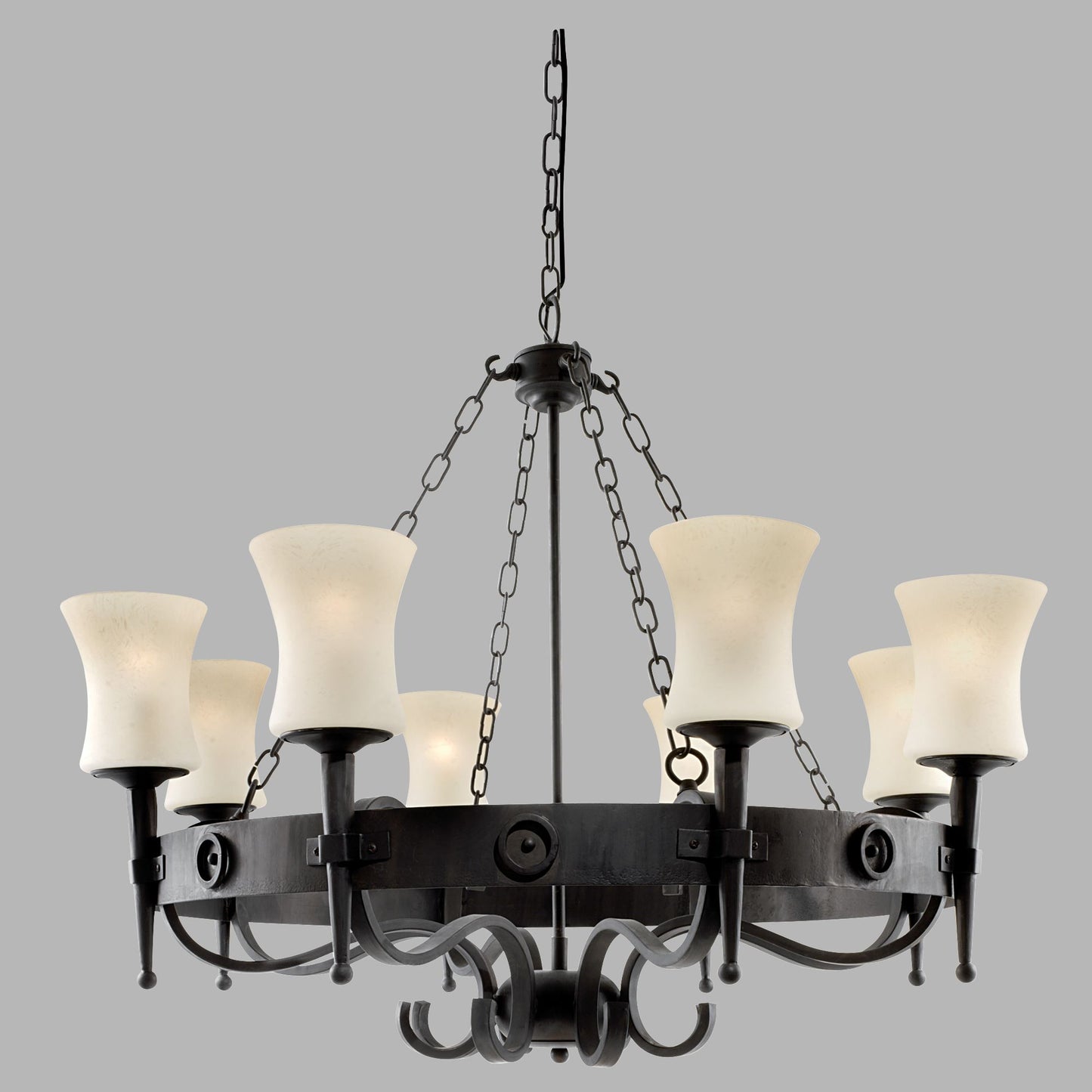 Cartwheel 8 Light Pendant - Black Iron & Sanded Glass