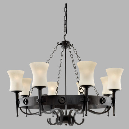 Cartwheel 8 Light Pendant - Black Iron & Sanded Glass