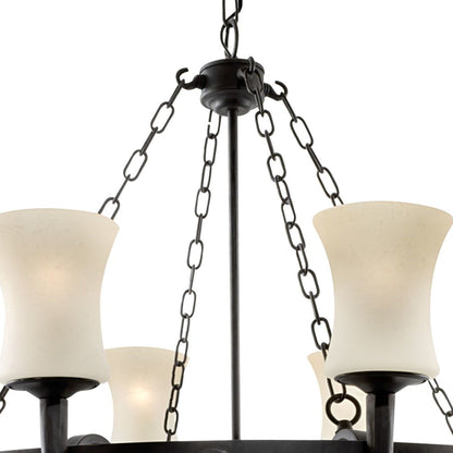 Cartwheel 8 Light Pendant - Black Iron & Sanded Glass