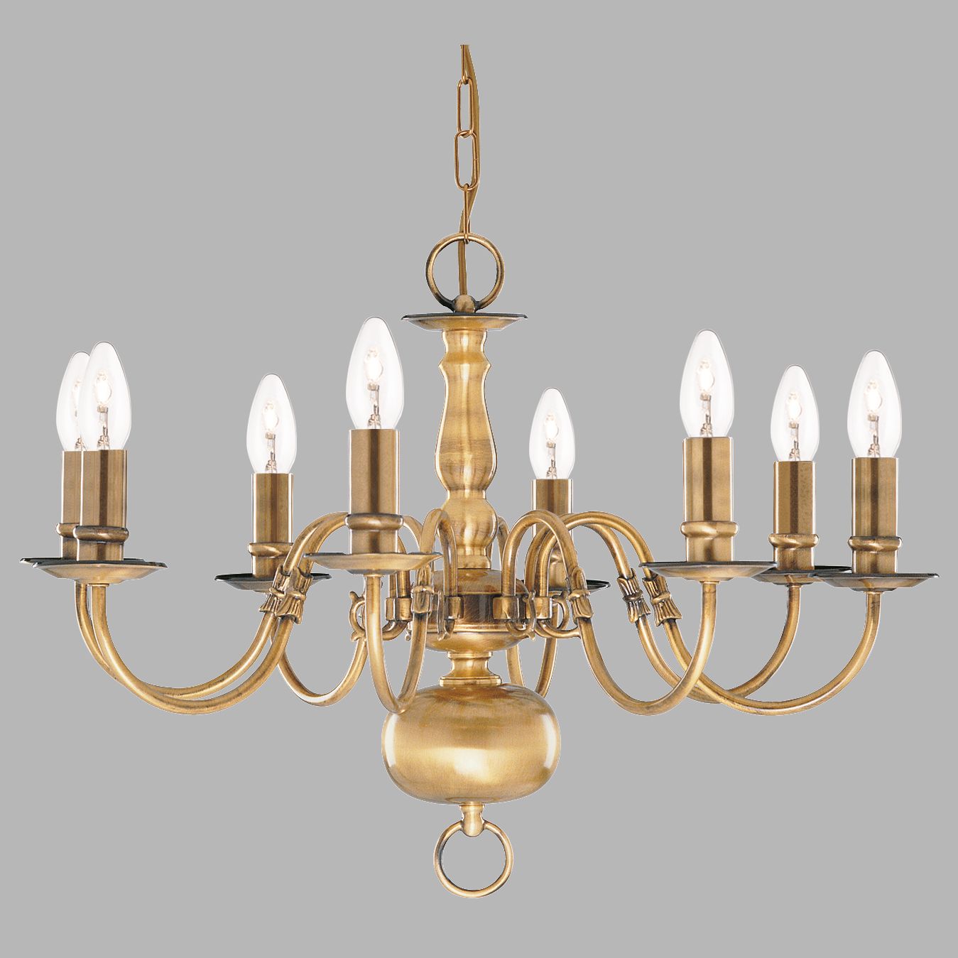 Flemish 8 Light Antique Brass Candle Lamp Pendant
