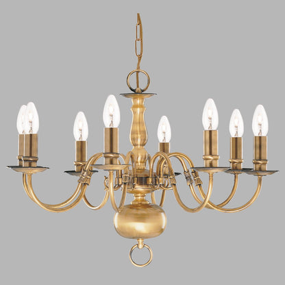Flemish 8 Light Antique Brass Candle Lamp Pendant