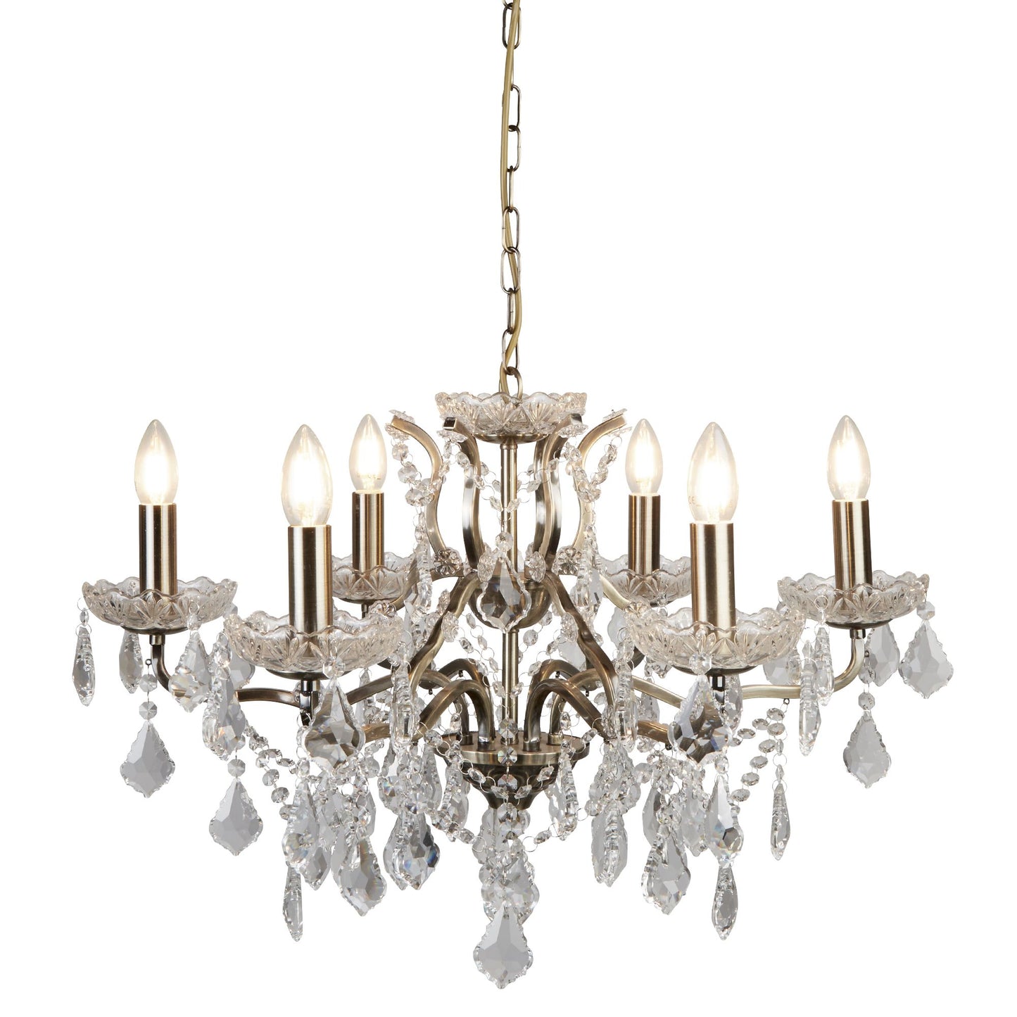 Paris 6 Light Antique Brass Chandelier with Clear Crystal Drops