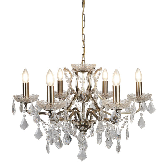 Paris 6 Light Antique Brass Chandelier with Clear Crystal Drops