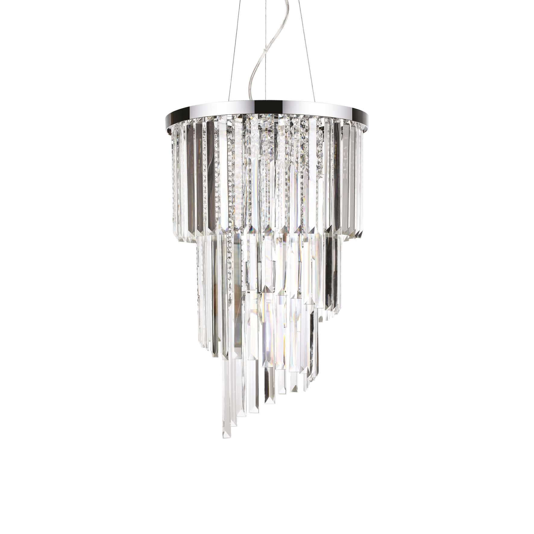 Chrome and clear crystal waterfall chandelier with spiral tiers and long rectangle cut crystals