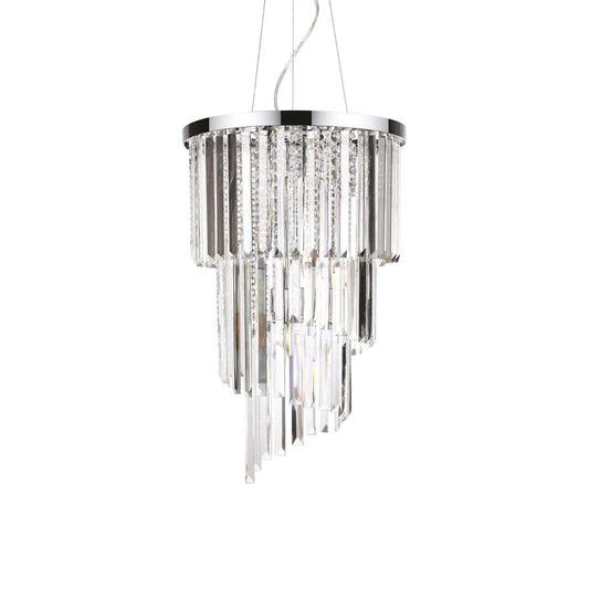 Chrome and clear crystal waterfall chandelier with spiral tiers and long rectangle cut crystals