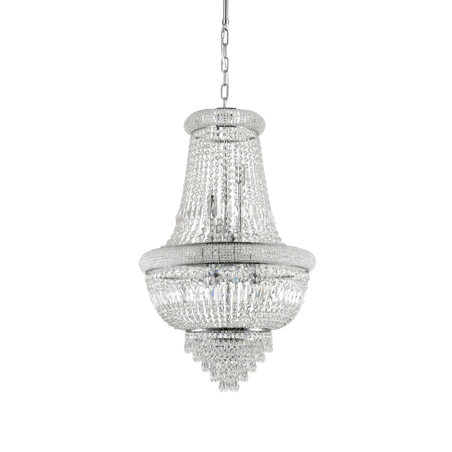 Chrome and clear cut crystal chandelier on white background