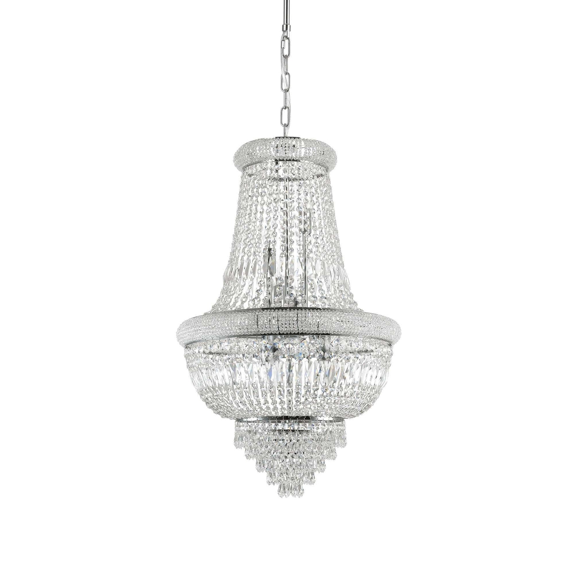 Chrome and clear cut crystal chandelier on white background