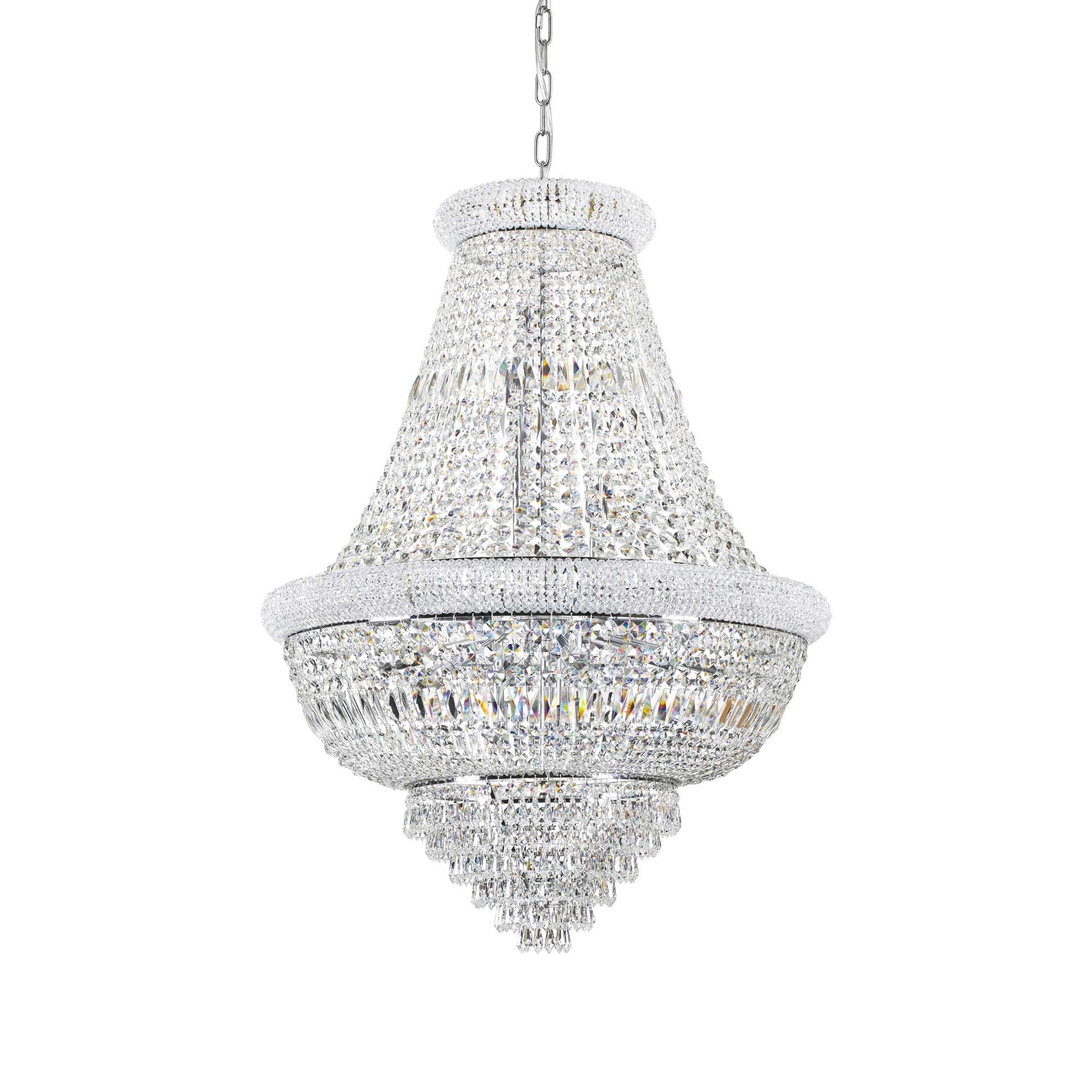 large chrome and clear cut crystal chandelier on white background