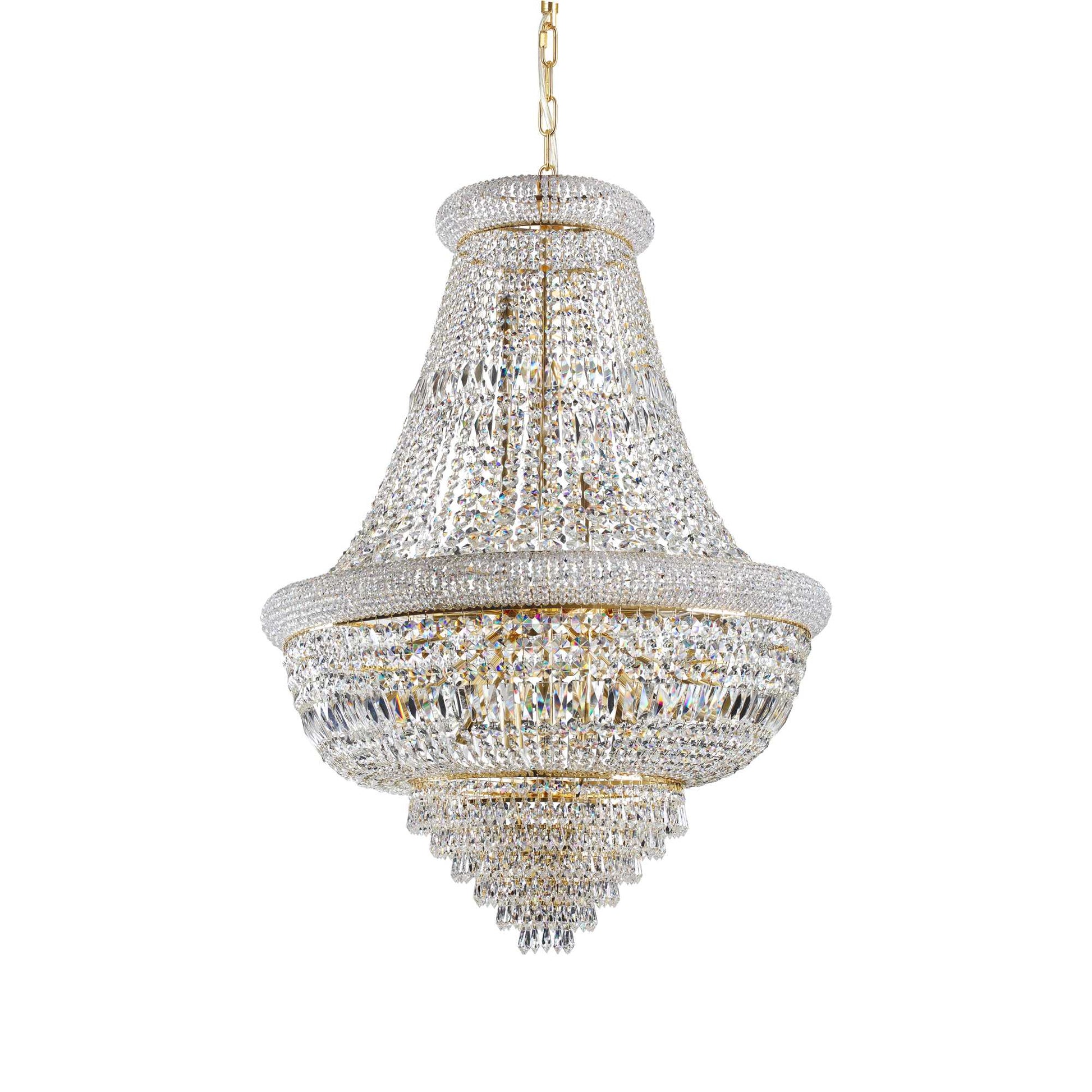 large golden and clear cut crystal chandelier on white background