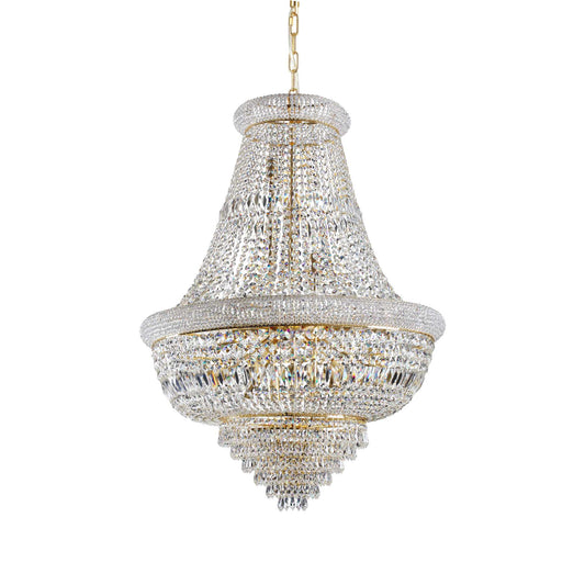 large golden and clear cut crystal chandelier on white background