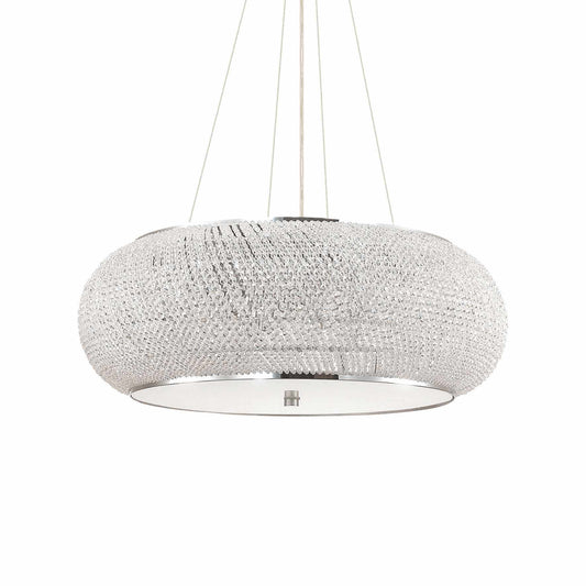 Drum shaped, round chrome suspension lamp with clear crystals on white background