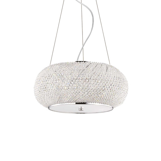 Drum shaped, round chrome suspension lamp with clear crystals on white background