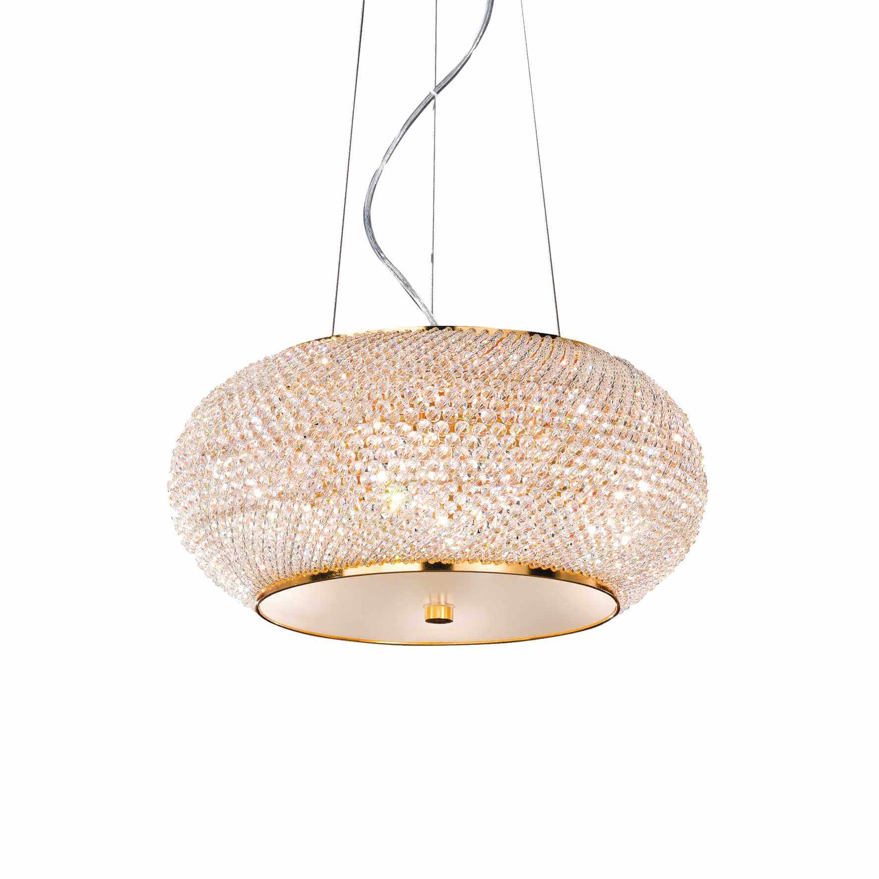 Drum shaped, round golden suspension lamp with clear crystals on white background